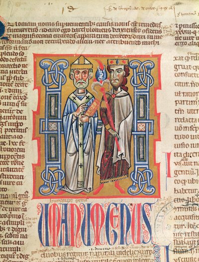 Ms 354 fol.9 Miniatura biskupa a krále z Decretum Gratiani, 14. stol. od French School