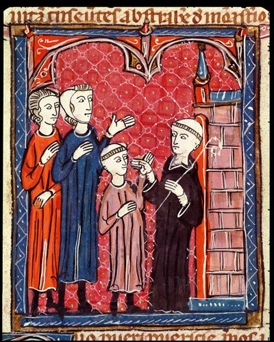 Ms 372 f.53r Dítě přivedené do kláštera svými rodiči, z Decrets de Gratien od French School