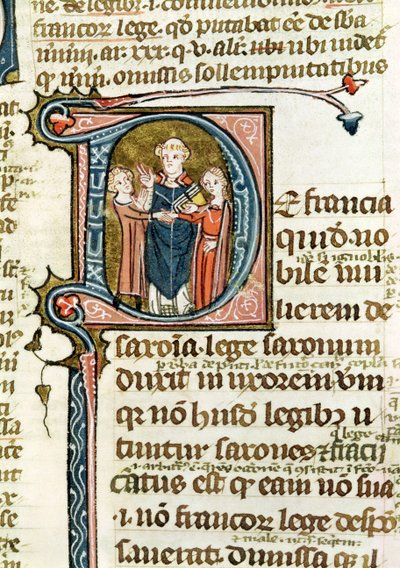 Ms 376 f.320 Historická iniciála D zobrazující kněze žehnajícího manželství, z Les Gregoriennes od French School