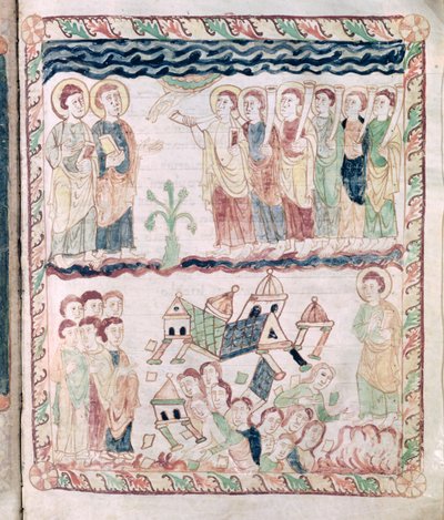 Ms 386 fol.25r Andělé s trubkami a země se třese, z Apokalypsy sv. od French School
