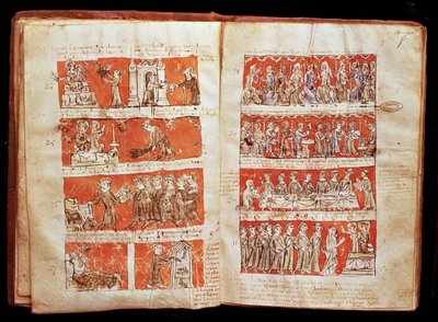 Ms 408 Scény ze života studentů v College of the Blessed Virgin v Paříži, ze statutu College of Hubant, 1387 od French School