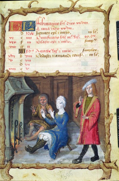 Ms 438 Měsíc únor: Z knihy hodin, 1490, zahřívání před krbem od French School