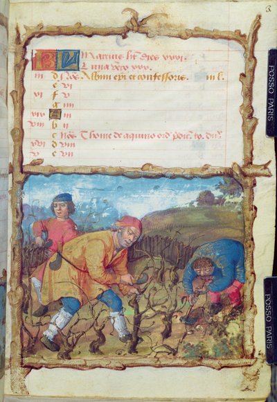 Ms 438 Měsíc březen: Prořezávání vinic, z knihy hodin, 1490 od French School