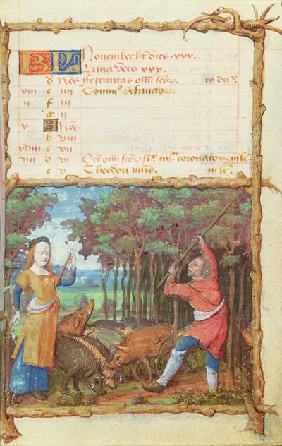 Ms 438 Měsíc listopadu: Sbírání žaludů, z knihy hodin, 1490 od French School