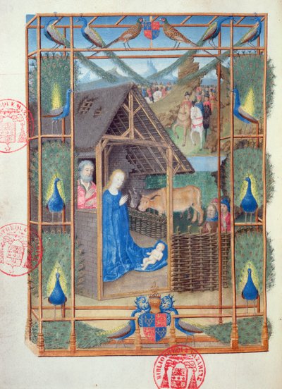 Paní 473 Narození Páně s pávy, miniatura z Heures de Charles de France, kolem 1466-69 od French School