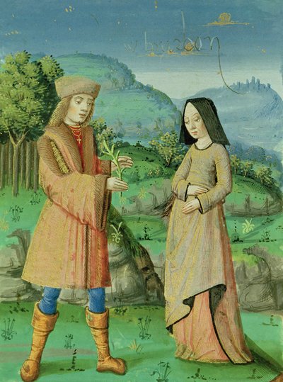 Ms 493 fol.123v Setkání Aenea a Anny, sestry Dido, z The Aeneid s komentářem Servia, 1469 od French School