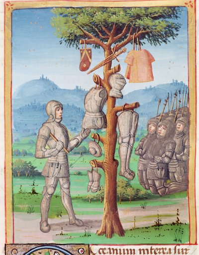 Ms 493 fol.193v Aeneas visí Mezentiovo brnění na dubu, z Aeneidy od Virgilia s komentářem Servia, 1469 od French School