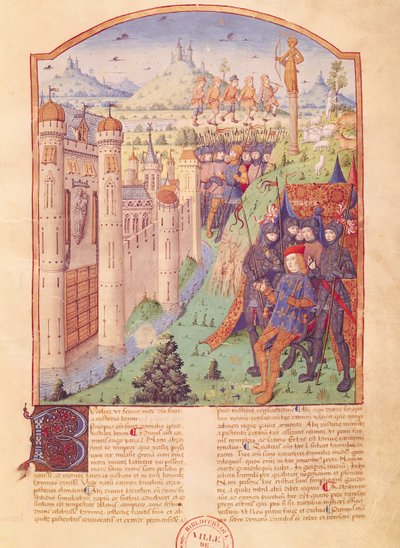 Ms 493 fol.1r Virgilova díla s komentářem Servia, Bukolici, král sedící na trůnu obklopený svými strážemi před opevněným městem, Francie, 1469 od French School