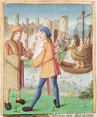 Ms 493 fol.87 Odchod Aenea z The Aeneid od Virgilia s komentářem Servia, 1469 od French School
