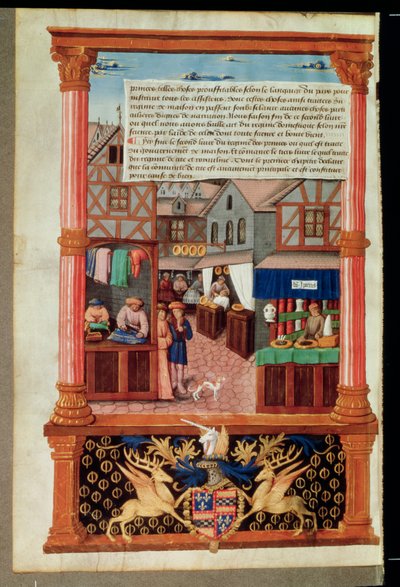 Ms 5062 fol.149v Ulice s obchody a erbem Roberta Stuarta, maršála dAubigny Lucrece, z Livre de Gouvernement des Princes od Gilles de Rome od French School