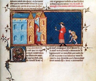 Ms 5080 fol.373r Dva malomocní žebrající, z Le Miroir Historial, Vincent de Beauvais od French School