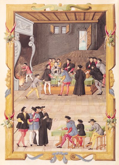 Ms 5169 f.2v Notáři a královi sekretáři v sále kolegia notářů a králových tajemníků od French School