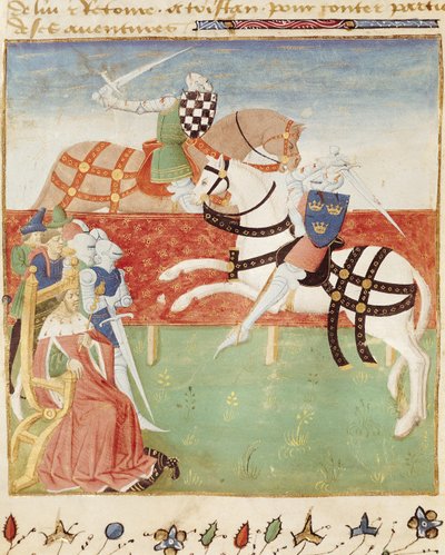 Ms 527 fol.40v Konfrontace dvou rytířů před králem, z Roman du Saint Graal od French School