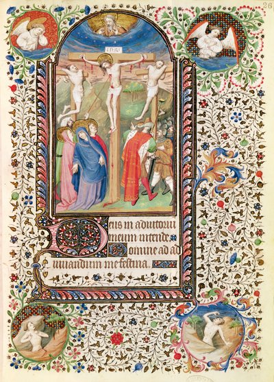Ms 547 fol. 26 Ukřižování, z Knihy hodin, kterou používala žena z Poitiers od French School