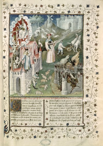Ms 55 t.2 fol.3 Boží město, město Caen a město neřestí, z La Cite de Dieu od svatého Augustina z Hippo (354-430) přeložil Raoul de Preles (1316-82) od French School