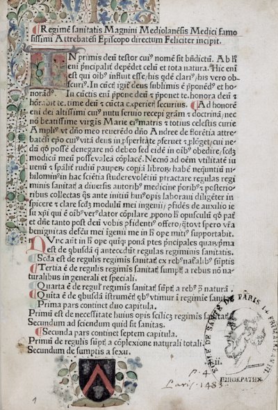 Ms 6310 První strana z Regimen Sanitatis, 1483 od French School