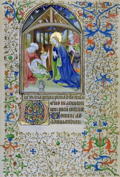 Ms 66 f.44r Panna Marie a Josef se klaní novorozenému Kristu, z knihy hodin, Amiens od French School