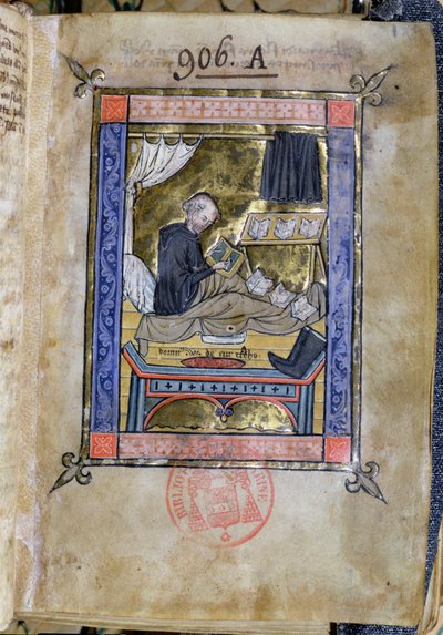 Paní 753 Fol.9 Monk píše ve své posteli, od Flores Bernardi od Guillaume de Tournai od French School