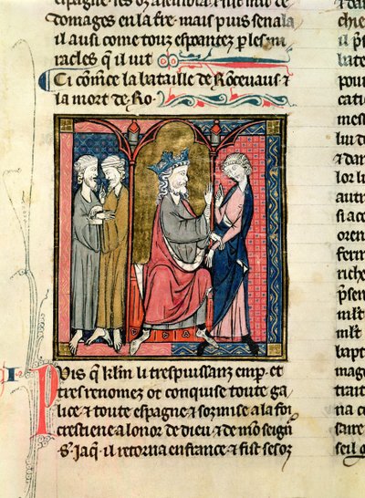 Paní 782 f.152r Charlemagne (742-814) posílající Ganelon k saragosským králům, Marsile a Baligant, z Chroniques de Saint-Denis, kolem 1275 od French School