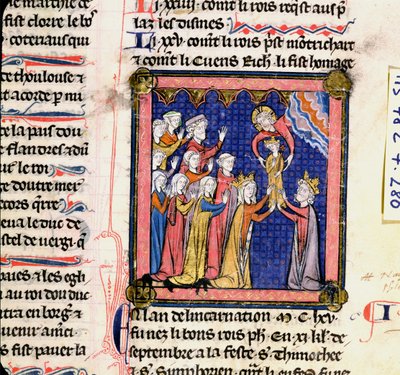 Ms 782 f.280 francouzský král Filip II (1165-1223) z Chroniques de Saint-Denis, konec 13. století od French School