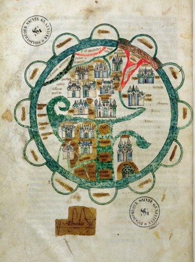 Ms 782 fol.16v. Mapa světa v podobě zeměkoule, miniatura z Grandes Chroniques de Philippe le Hardi od French School