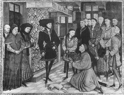 Ms 9242 Hainautské kroniky, Filip Dobrý, vévoda burgundský, obdarovaný překladem kronik od Jeana Vauquelina, Karel Smělý jako dítě po jeho levici. od French School