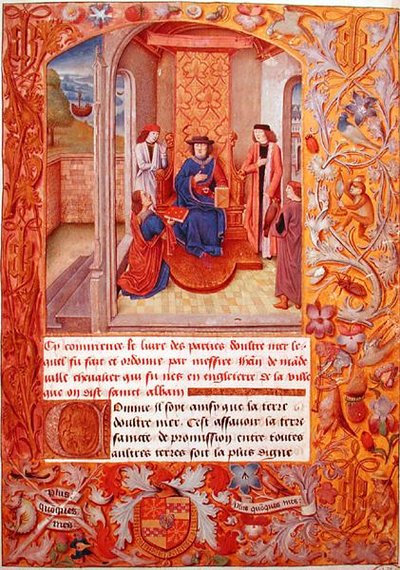 Ms 95 Fol.1 Autor nabízí svou knihu vévodovi z Burgundska, z Armorials of Adolphe de Cleves, počátek 15. století (vellum) od French School