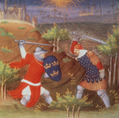 Paní Arsenal 5077 f.298 Král Artuš bojuje s římským generálem, z rukopisu Historie od mistra Boucicauta od French School