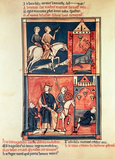 Paní Fr 1098 Lov na jelena a krále, možná Dagobert I. (632-39) na jeho trůnu, ze Života a zázraků sv. Denise od French School