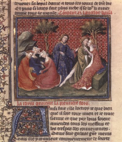 Paní Fr 118 fol. 219v stránka z Pátrání po Svatém grálu a Artušově smrti, část rukopisu Lancelot z jezera od French School