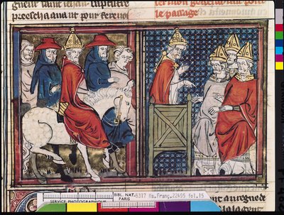 Ms Fr 22495 Fol.15 Clermontský koncil a příchod papeže Urbana II. (asi 1035-99) do Francie, z Le Roman de Godefroi de Bouillon, 1337 od French School