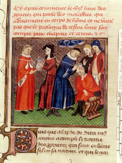 Ms Fr 22531 Fol.115 Vyšetření moči a hojení ran, z knihy Le Livre des Proprietes des Choses od Barthelemyho lAnglais, asi 1410-15 od French School