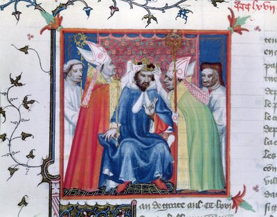 Paní Fr. 2608 fol.335v Korunovace Filipa III. (1245-85), z Grandes Chroniques de France, kolem 1400 od French School