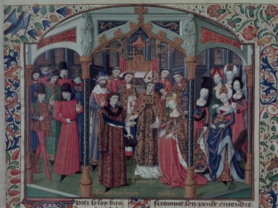Paní Fr 2629 fol. 167 Jeruzalémská královna Melisanda (1109-60) provdala se za Fulka V. z Anjou (1092-1143), z Histoire de la conquete Jeruzaléma od Viléma z Tyru (asi 1130-85) kolem 1470 od French School
