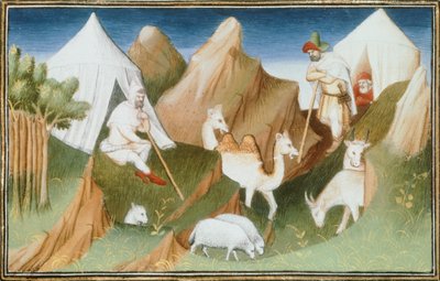 Paní Fr 2810, Karacharští nomádi se svými stády, miniatura z „Livre des merveilles du monde“ (Kniha divů světa) od Marca Pola a Rustichella, kolem 1410-12 (tempera na pergamenu) od French School