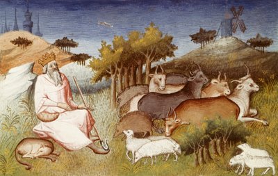 Paní Fr 2810, král Dor bdí nad svým stádem, miniatura z „Livre des merveilles du monde“ (Kniha divů světa) od Marca Pola a Rustichella, kolem 1410-12 (tempera na pergamenu) od French School