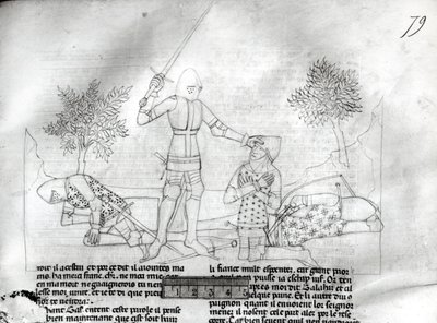 Ms Fr 343 f.79 Vyzbrojení rytíře na bitevním poli z Lancelot du Lac od French School