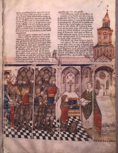 Paní Fr 343 fol. 7 Pátrání po Svatém grálu a Artušově smrti, rytíř skládající přísahu od French School