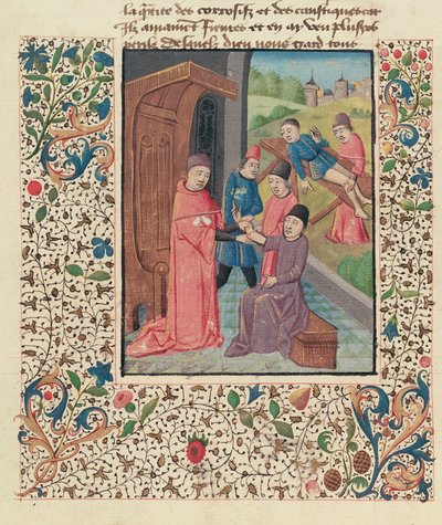 Paní Fr 396 fol.80v Lékař ošetřující zlomeniny, z La Grande Chirurgie od Guy de Chauliac od French School
