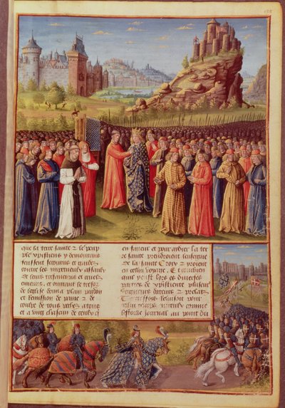 Paní Fr. 5594 f.138 Saint Bernard (asi 1090-1153) z Clairvaux káže druhou křížovou výpravu za přítomnosti francouzského krále Ludvíka VII. (asi 1120-80) ve Vezelay v roce 1146, z Passages faits Outremer. od French School