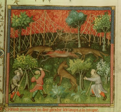 Paní Fr 616 fol.111 Lov vlka pomocí sítí, z Livre de la Chasse od Gastona Phebuse de Foix (1331-91) od French School