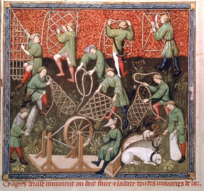 Ms Fr 616 fol.53v Muži se sítěmi, z Livre de la Chasse od Gastona Phebuse de Foix (1331-91) počátek 15. stol. od French School