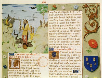 Paní Fr 9197 Fol.49 Apollo zabíjející Python, z Livre des Eschecs DAmour od French School