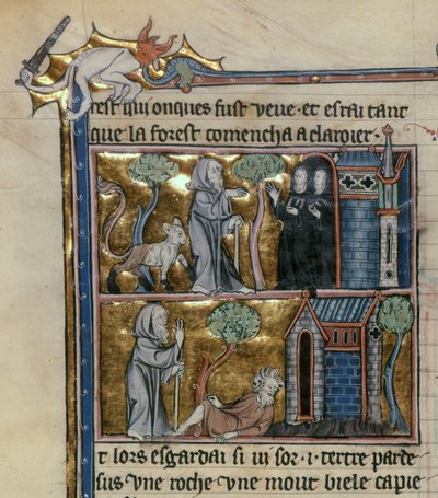 Paní Fr 95 f.4v Poustevník a zvíře, z lHistoire du Saint Graal, c.1280-90 od French School