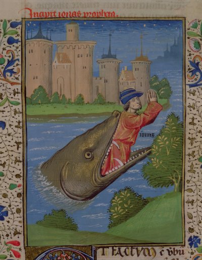 Paní H 7 f.111r Jonáš a velryba, z Bible Jeana XXII od French School