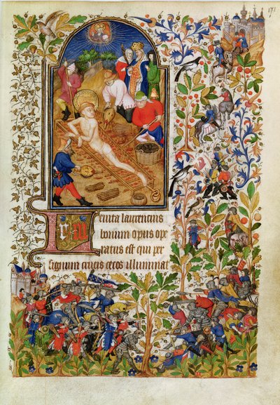 Paní Lat 1156b fol. 171 Umučení svatého Vavřince, z hodin Marguerite dOrleans, kolem roku 1426 od French School