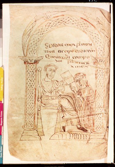 Paní Lat 13396 Fol.1 Isidore nabízí své dílo své sestře Florentině z knihy De Catholic Faith ze Starého a Nového zákona proti Židům od Isidora ze Sevilly (asi 560-636) kolem 800 od French School
