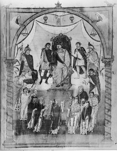 Paní Lat 1 fol.423r Král Karel II. (823-877) Obdržení Bible od hraběte Viviana a mnichů ze Saint-Martin de Tours, z První Bible Karla Baldého, c.843-51 od French School