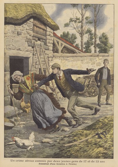 Vražda farmáře dvěma mladíky ve věku 17 a 13 let ve Firminy ve Francii (barevně lito) od French School