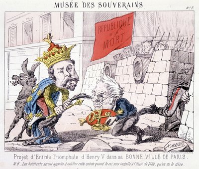 Musée des Souverains - Projekt triumfálního vjezdu Henriho V. do jeho dobrého města Paříže (Thiers mu předal klíče od Paříže bráněné občany, kteří třímají vlajku s nápisem „République ou la mort“). od French School